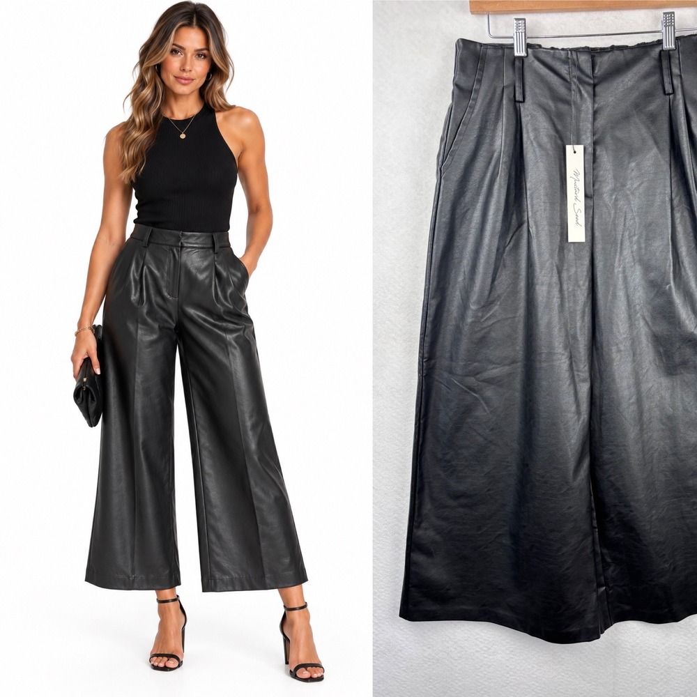 NWT Mustard Seed Faux Leather Wide Leg Capri Pants Med Pleated Cropped Going Out